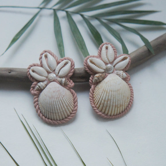 Tan and Rose pink Shell and Polymer clay earrings on branch