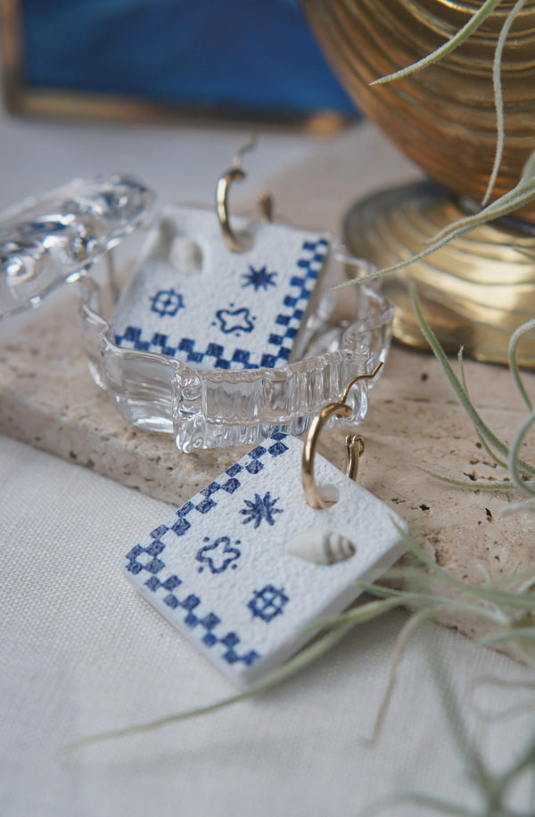 blue and white square clay and shell hoop earring charms