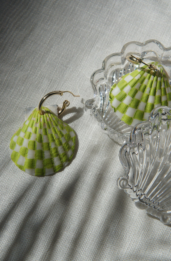 Lime green handpainted shell earrings in a checkered pattern