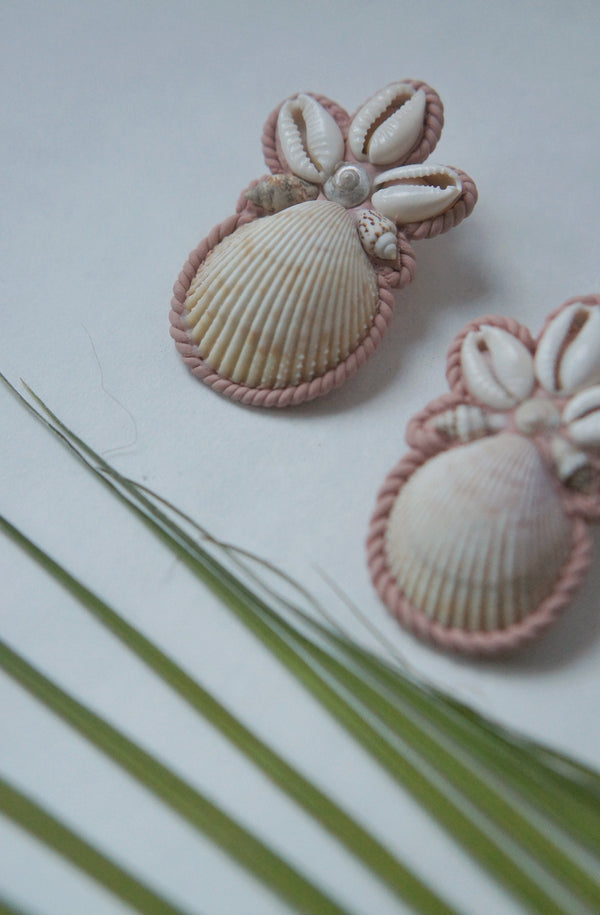 Tan and Rose pink Shell and Polymer clay earrings with palm leaves